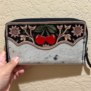 New Cherry Tooled Leather & Hair-On Hide Zip Wallet - Red/Black/White